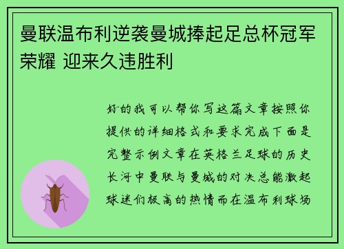 曼联温布利逆袭曼城捧起足总杯冠军荣耀 迎来久违胜利 曼联温布利逆袭曼城捧起足总杯冠军荣耀 迎来久违胜利